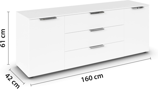 Rauch Möbel Flipp, Sideboard, TV-Schrank, Kommode mit Stauraum, Alpinweiß, 2-türig, 3 Schubkästen, Griffe Chrom, 160 x 61 x 42 cm Bild 4