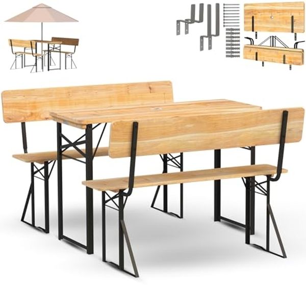 Holz4home Bierzeltgarnitur mit Sonnenschirmhalterung und Rückenlehne, 3-teilig, klappbar, Tannenholz natur, 117 x 45,5 x 75 cm