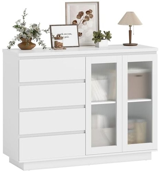 HOMCOM Sideboard Beistellschrank mit 4 Schubladen, 2 Türen (Aufbewahrungsschrank, 1 St, Küchenschrank), mit verstellbarem Einlegeboden, Weiß