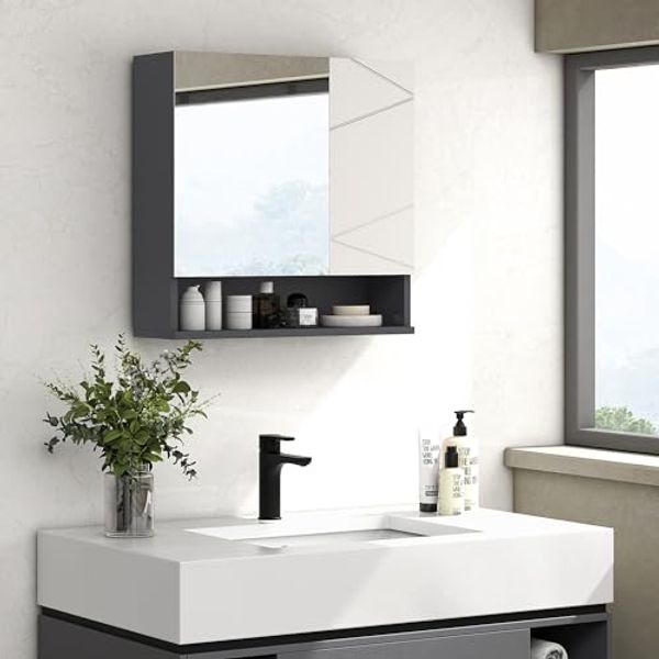 Kleankin Spiegelschrank Badezimmerschrank mit Doppeltür, verstellbar Ablage (Hängeschrank, 1-St, Wandschrank für Badezimmer) Grau, 55 x 17 x 55 cm