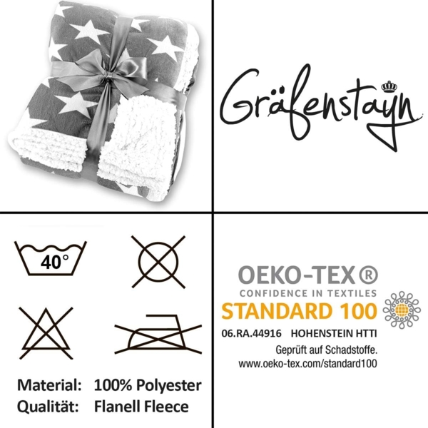 Wohndecke Sternendecke Kuscheldecke Lammfell-Optik Mikrofaser Grau, Gräfenstayn, Motiv Stern Tagesdecke Flanell Mikrofaser-Flausch Bild 7
