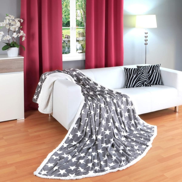 Wohndecke Sternendecke Kuscheldecke Lammfell-Optik Mikrofaser Grau, Gräfenstayn, Motiv Stern Tagesdecke Flanell Mikrofaser-Flausch Bild 5