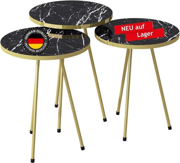 moebel17 6153 Beistelltisch 3 er Set rund - Kaffeetisch Satztisch Metallgestell, Wohnzimmertisch Tisch, Schwarz, Marmoroptik, goldene Füße, 38 cm Durchmesser, Höhe 46, 49, 52 cm 21756153