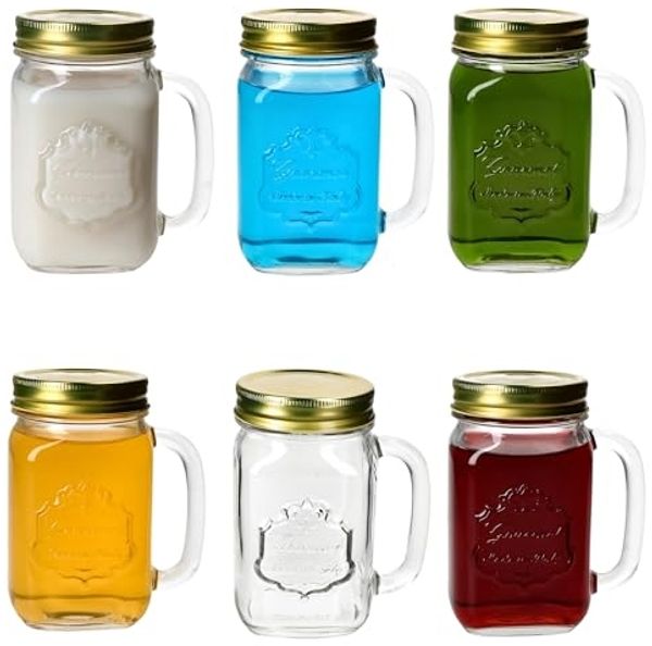 MamboCat Glas 6x Country Trinkgläser mit Henkel & Deckel 420ml Glas Limo Smoothies, Glas