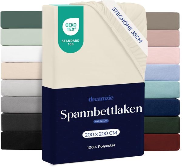 Dreamzie Spannbetttlaken 200x200 cm - Hoher Steg bis 33 cm - 100% Mikrofaser - Beige - Schadstoffgeprüft (Oeko TEX), Bettlaken mit Gummizug