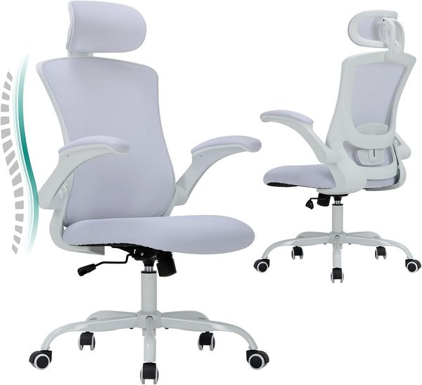 COLAMY Bürostuhl Ergonomisch, Netz-Schreibtischstuhl mit Verstellbarer Kopfstütze, Chefsessel Office Chair mit Lendenwirbelstütze, Verstellbarer Neigungsverschluss Drehstuhl, Weiß