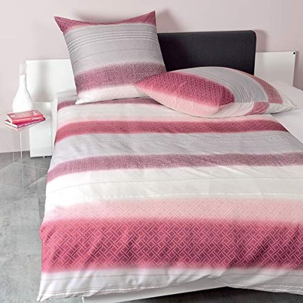 Janine Moments Mako-Satin Bettwäsche 200x220 Streifen rubin beere grau 98038-01