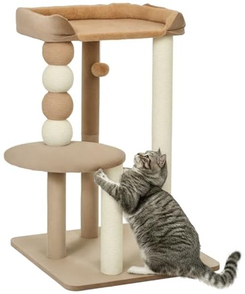 PawHut Kratzbaum 86 cm, mit Sprungplattform, Bett, Spielball, Jute-Kratzsäulen, für Katzen bis 7 kg, Kaffee