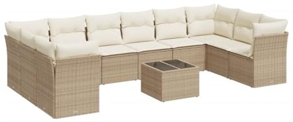 vidaXL 11-tlg. Garten-Sofagarnitur mit Kissen Beige Poly Rattan 3250047