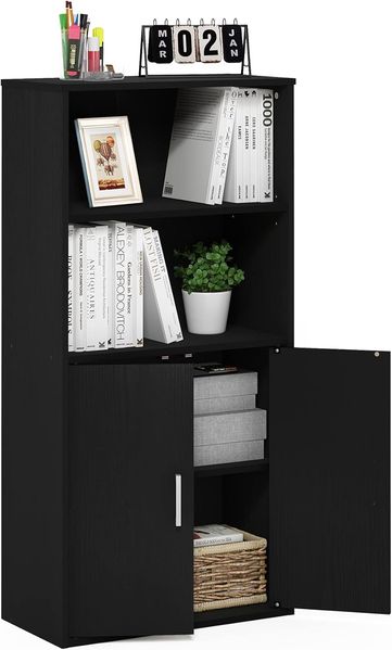 Furinno Pasir Bücherregal mit 2 Offenen Einlegeböden und 2 Türen, Schwarze Eiche