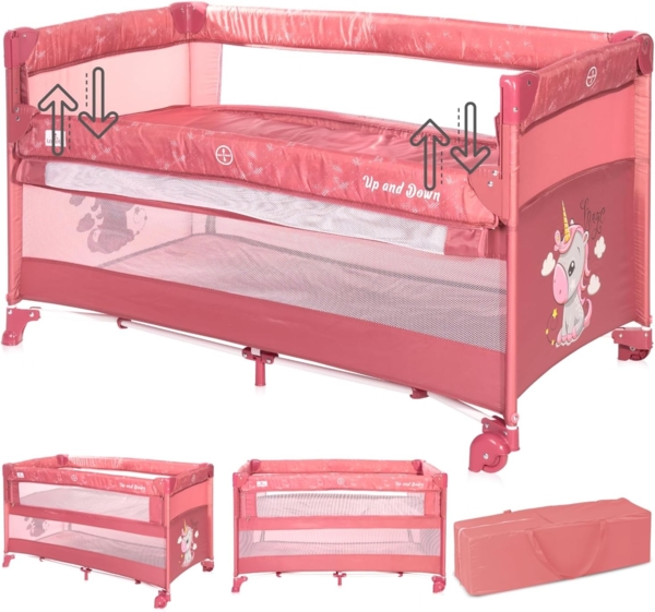 Lorelli Baby Reisebett Up´n Down, Öffnung, 2 Ebenen, Tragetasche, mit Rädern pink