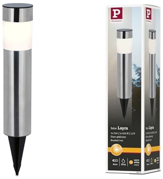 Paulmann LED Pollerleuchte Solar Layra IP44 3000K 1lm Eisen gebürstet, LED fest integriert, Warmweiß