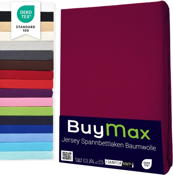 Buymax® Spannbettlaken 90x200 cm Baumwolle 100% Spannbetttuch Bettlaken Jersey, Matratzenhöhe bis 25 cm, Farbe Bordeaux