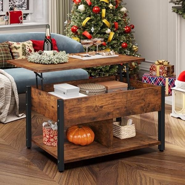 YITAHOME Couchtisch mit Anhebbarer Platte, Leicht Anzuheben, 2-Stufiger Stauraum, Höhenverstellbarer Couchtisch mit Verstecktem Staufach und Ablagefläche für Wohnzimmer, Büro, Vintage-Braun