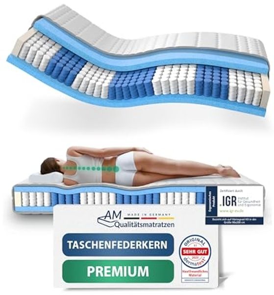 AM Qualitätsmatratzen Hochwertige 7-Zonen Taschenfederkernmatratze 180x210 cm - 24 cm Premiumhöhe - Tonnentaschenfederkernmatratze 180x210 cm - H4