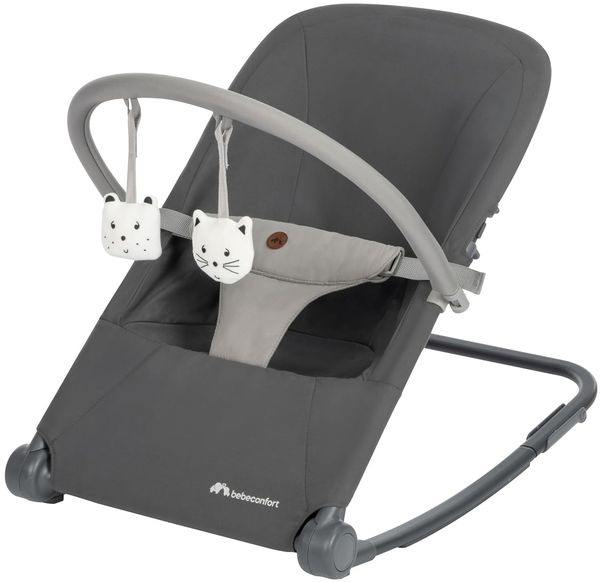 Bebeconfort Aster, Babywippe, 0–2 Jahre, Leichtgewicht (2,7 kg), ultra-kompakt zusammenklappbar, verstellbare Rückenlehne, Polsterkissen, abnehmbarer Spielbogen, 3-Punkt-Gurt, Tinted Graphite