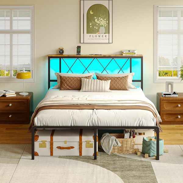 IRONCK Bett 140x200 mit LED Beleuchtung, Bettgestell 140x200 mit Steckdose, 1 USB, 1 Typ-C-Anschlüsse, Metallbett mit Kopfteil und Stauraum, Jugendbett, Doppelbett mit Metal Lattenrost
