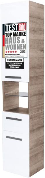 Fackelmann A-VERO Hochschrank 35 cm, Schublade, Regal, Grau-Eiche Optik/Weiß