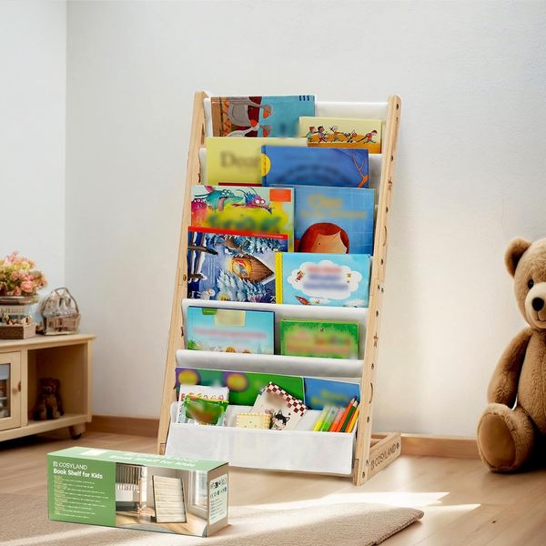 COSYLAND Bücherregal Kinder mit 6 Oxford-Stoff Fächern - Kinderbücherregal aus Naturholz - Bücherregal Kinderzimmer mit abgerundeten Ecken & platzsparend 42L x 30B x 76H cm（Naturholzfarbe