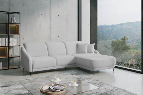 CAVADORE Ecksofa Blue/Moderne Eckcouch mit Longchair, inklusiv Kopfteilverstellung, Vorziehsitz motorisch und mattschwarzen Metallfüßen / 271 x 93 x 191 / Flachgewebe, Mittelgrau Bild 2