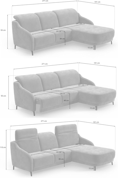 CAVADORE Ecksofa Blue/Moderne Eckcouch mit Longchair, inklusiv Kopfteilverstellung, Vorziehsitz motorisch und mattschwarzen Metallfüßen / 271 x 93 x 191 / Flachgewebe, Mittelgrau Bild 3