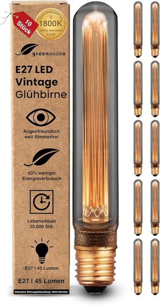 greenandco 10x LED Vintage Glühbirne zur Stimmungsbeleuchtung | E27 T30 | smoke | 2W 45lm | 1800K extra warmweiß | 320° | 230V | flimmerfrei | nicht dimmbar | Edison Glühbirne