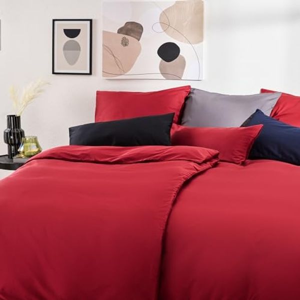 Blumtal Premium Mako Satin Baumwolle Bettwäsche Set 155x220 cm mit Kissenbezug 40x80 cm - Superweiches Bettbezug Set mit edler Glanz Optik und Gleichfarbigen Reißverschlüssen, Aurora Red - Rot