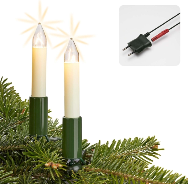 HELLUM Lichterkette Schaftkerze 15 Kerzen klar für innen Schaft/Kabel grün 12,8m elfenbein