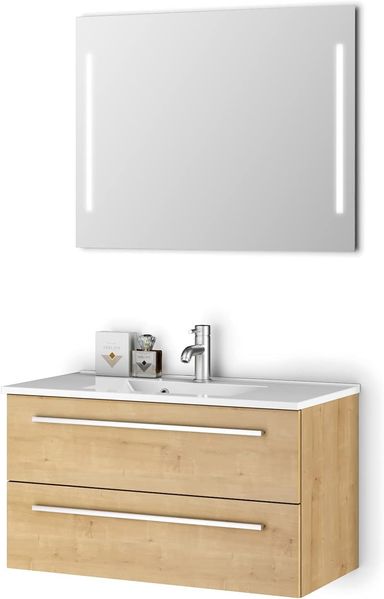 Sieper I Waschtisch mit Unterschrank 90x50 cm und Spiegel mit Beleuchtung, Badmöbel Set Libato I Eiche Natur