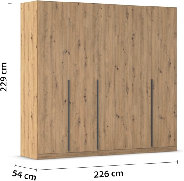 Rauch Möbel Alabama, Kleiderschrank, Garderobenschrank, 5-türig, Zubehör Basic, 3 Kleiderstangen, 6 Einlegeböden, Farbe Eiche Artisan, Holz, Griff Grau metallic, 226 x 229 x 54 cm Bild 3