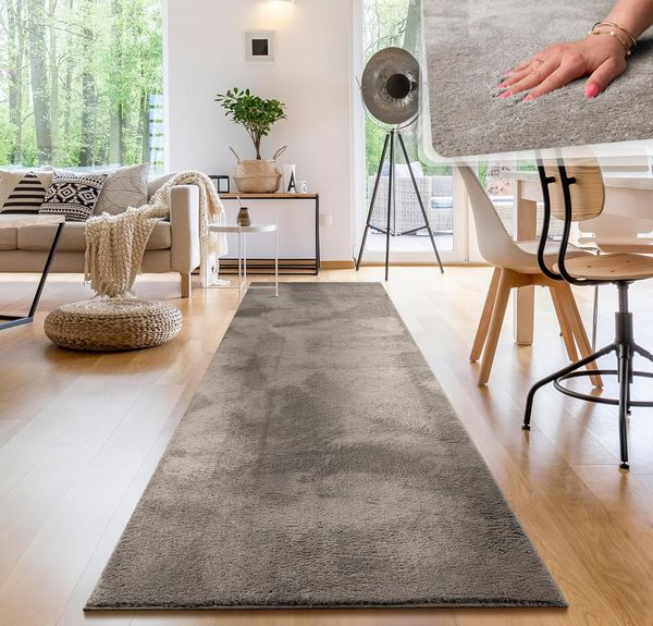 Paco Home Waschbarer Teppich Wohnzimmer Schlafzimmer Kurzflor rutschfest Flauschig Weich Moderne Einfarbige Muster, Grösse:80x300 cm, Farbe:Grau