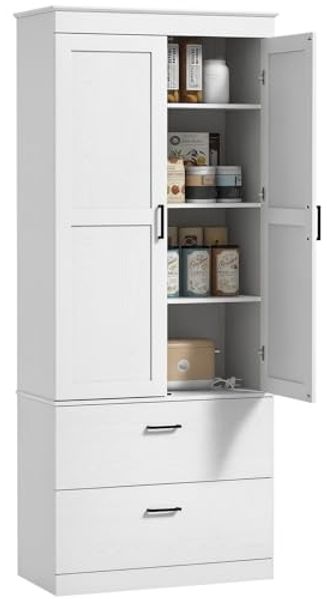 HOMCOM Hochschrank mit verstellbaren Regalen, 2 Schubladen (Küchenbuffet, 1-St, Küchenschrank) für Esszimmer, Wohnzimmer, 75 x 39 x 178 cm, Cremeweiß