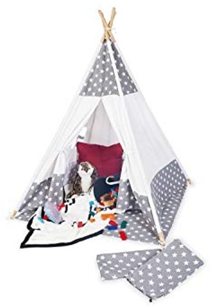 Pinolino 'Jakara' Tipi mit Fenster, Bodenmatte & Aufbewahrungsbeutel, Holz / Baumwolle / Polyester, 120 x 120 x 155 cm, Grau / Weiß