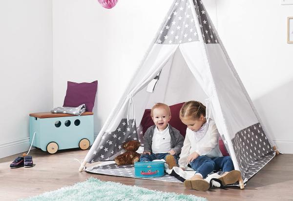 Pinolino 'Jakara' Tipi mit Fenster, Bodenmatte & Aufbewahrungsbeutel, Holz / Baumwolle / Polyester, 120 x 120 x 155 cm, Grau / Weiß Bild 3