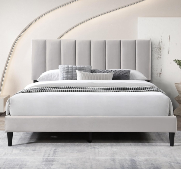 Home Collective Polsterbett 140x200 & 160x200 cm mit Lattenrost und weichem Bezug, Bettgestell (Doppelbett mit gepolstertem Kopfteil, robustes Gestell, hoher Liegekomfort), vertikaler Steppung, 140x200 cm, Beige