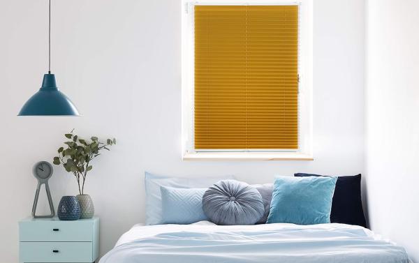 ondeco Plissee ohne Bohren mit Klemmträger viele Farben, Sonnenschutz für Fenster innen, Lichtschutz und Blickdicht, Plissee klemmfix Faltrollo Sichtschutz für Tür - Gold-Ocker - 100x130 cm Bild 9