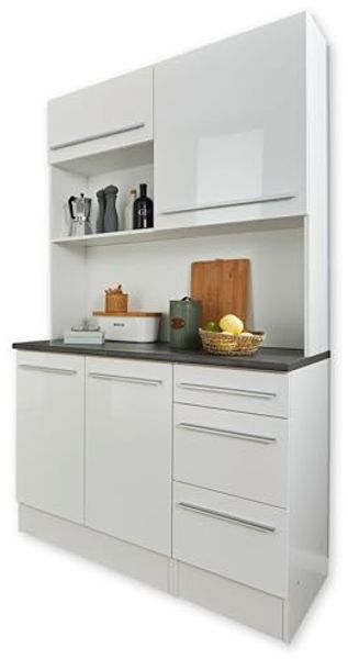 Stella Trading Jazz Buffetschrank in Weiß Hochglanz, Metallic Grau - Geräumiger Küchenschrank mit Arbeitsplatte - 150 x 211 x 60 cm (B/H/T)