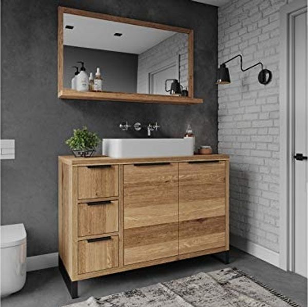 Badmöbelset Wildeiche 2-teilig massivum Sydney 105x134x45 cm Waschtisch mit Spiegel Badezimmer-Unterschrank Holz braun