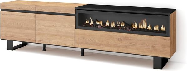 Skraut Home | TV-Schrank, Lowboard | für Wohnzimmer und Esszimmer | 200 x 57 x 35 cm | Für TV-Geräte bis zu 80" | Elektrokamin. Maße | Industriedesign | Moderner Stil | Eiche Schwarz