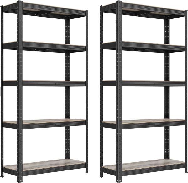 Songmics Standregal, 2er Set, Bücherregal, Lagerregal, 5 Ablagen, verstellbar, 30 x 75 x 150 cm, jeweils bis 650 kg belastbar, für Küche, Wohnzimmer, Greige-schwarz GLR030B12