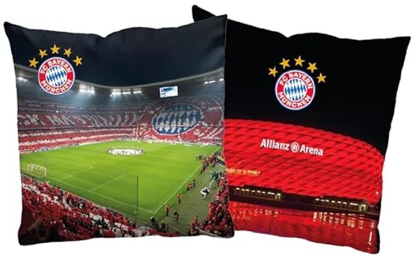 BERONAGE Dekokissen FC Bayern München Kissen Allianz Arena 40x40 cm Fußball-Kuschelkissen, passend zur Bettwäsche, ideal für Sofa, Couch, Bett, Auto, Camping