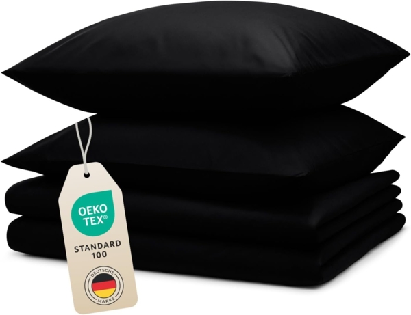 Blumtal Bettwäsche 135x200 4teilig - aus Atmungsaktivem Mikrofaser - 2X Bettbezug 135x200 cm + 2X Kissenbezüge 80x80 cm - Superweiches Bettwäsche-Set, Oeko-Tex Zertifiziert - Schwarz