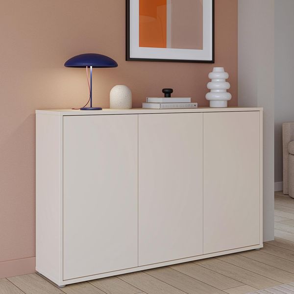 Forte ALICE SPRINGS Kommode 150 155, modernes, großes Sideboard mit 3 Schranktüren, Flur, Wohnzimmer, Schlafzimmer, Holzwerkstoff, Kaschmir/Beige, 154,2 cm breit x 99,1 cm hoch x 34,9 cm tief