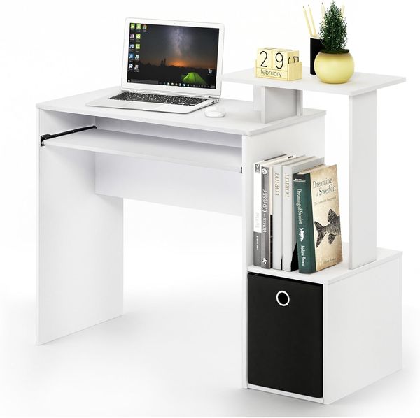 Furinno ECON Gaming-Schreibtisch mit Tastaturauszug, Computer-Schreibtisch mit Seitenregalen und Aufbewahrungsbox für Homeoffice, Reinweiß