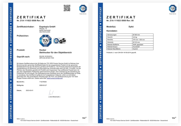 Ergotopia 'Dykó I' Sitz-Stehhocker mit Schwingeffekt, 360° drehbar, höhenverstellbar 57–83 cm, Grau / Weiß Bild 9
