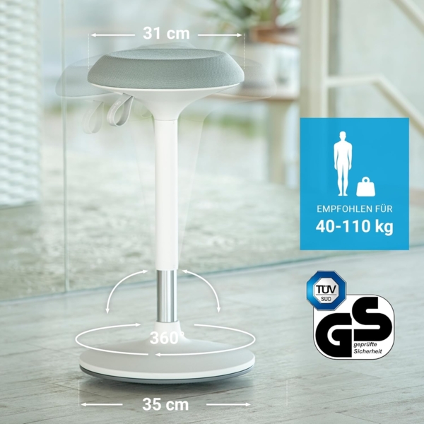 Ergotopia 'Dykó I' Sitz-Stehhocker mit Schwingeffekt, 360° drehbar, höhenverstellbar 57–83 cm, Grau / Weiß Bild 5
