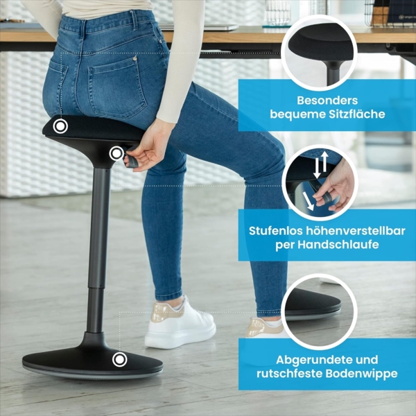 Ergotopia 'Dykó I' Sitz-Stehhocker mit Schwingeffekt, 360° drehbar, höhenverstellbar 57–83 cm, Grau / Weiß Bild 4