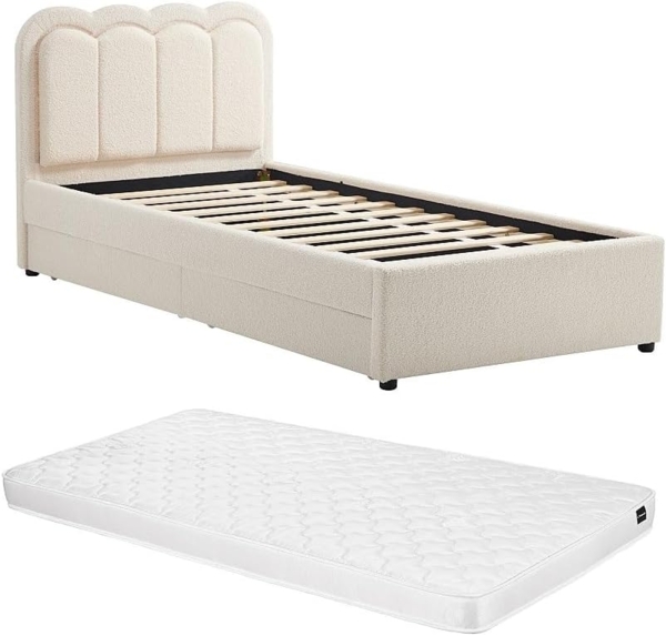Vente-unique - Bett 90 x 190 cm mit 2 Schubladen - Mit LEDs - Bouclé-Stoff - Creme + Matratze - NESTIAKO