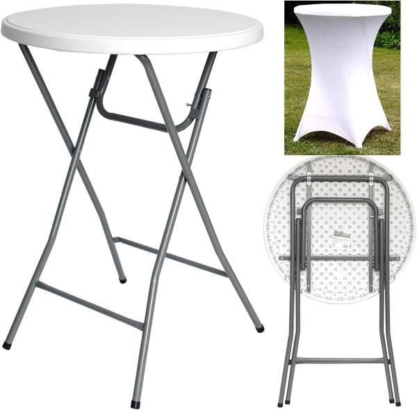Stehtisch mit Husse Partytisch klappbar Ø 80 cm Höhe 110 cm in Weiß mit pflegeleichter Husse in Weiß