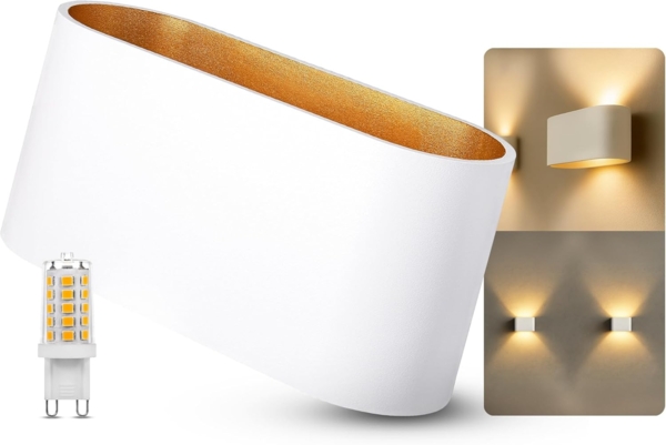 SSC-LUXon LED Wandleuchte JOBERO Wandlampe weiß gold Up & Down mit G9 LED warmweiß 3W, Warmweiß